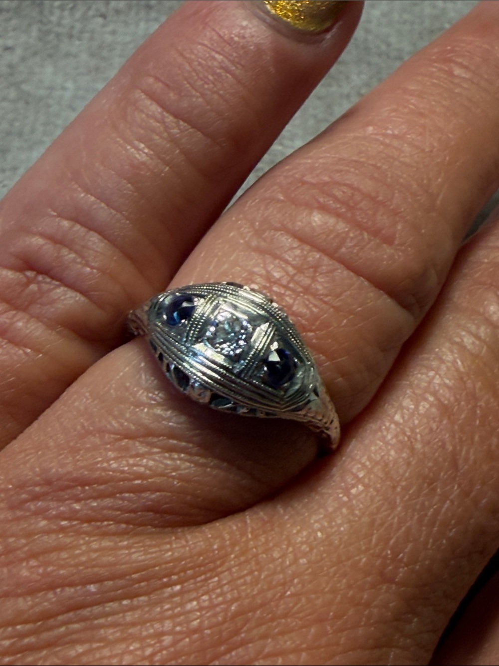 Art Deco Filigree 14k Gold Diamond Sapphire
Ring-valued at $5000 !!